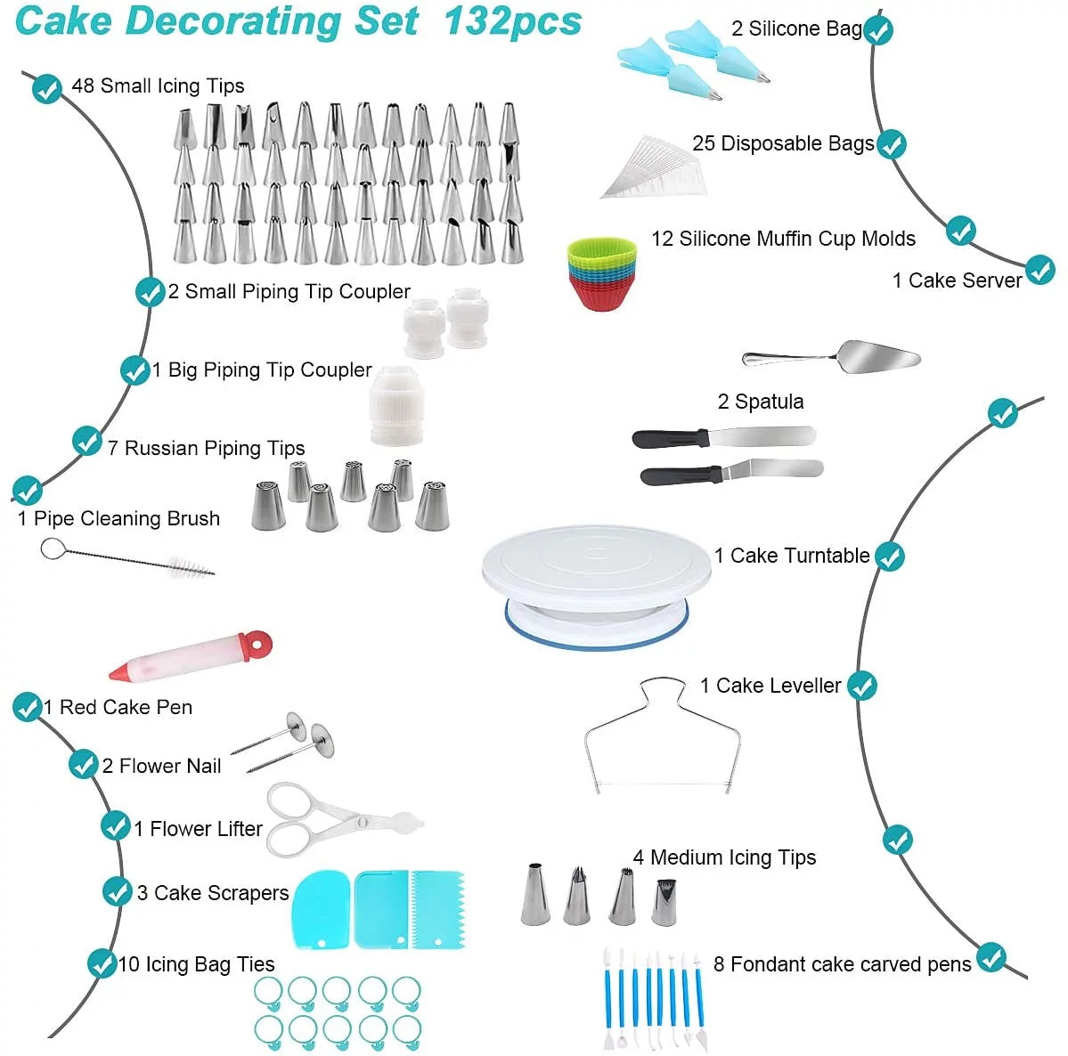 Cake Decorating Kit,132Pcs Cake Decorating Tools with Cake Turntable Stand Icing Piping Bags and Tips Set Baking Supplies Set for Beginner and Cake-Lover