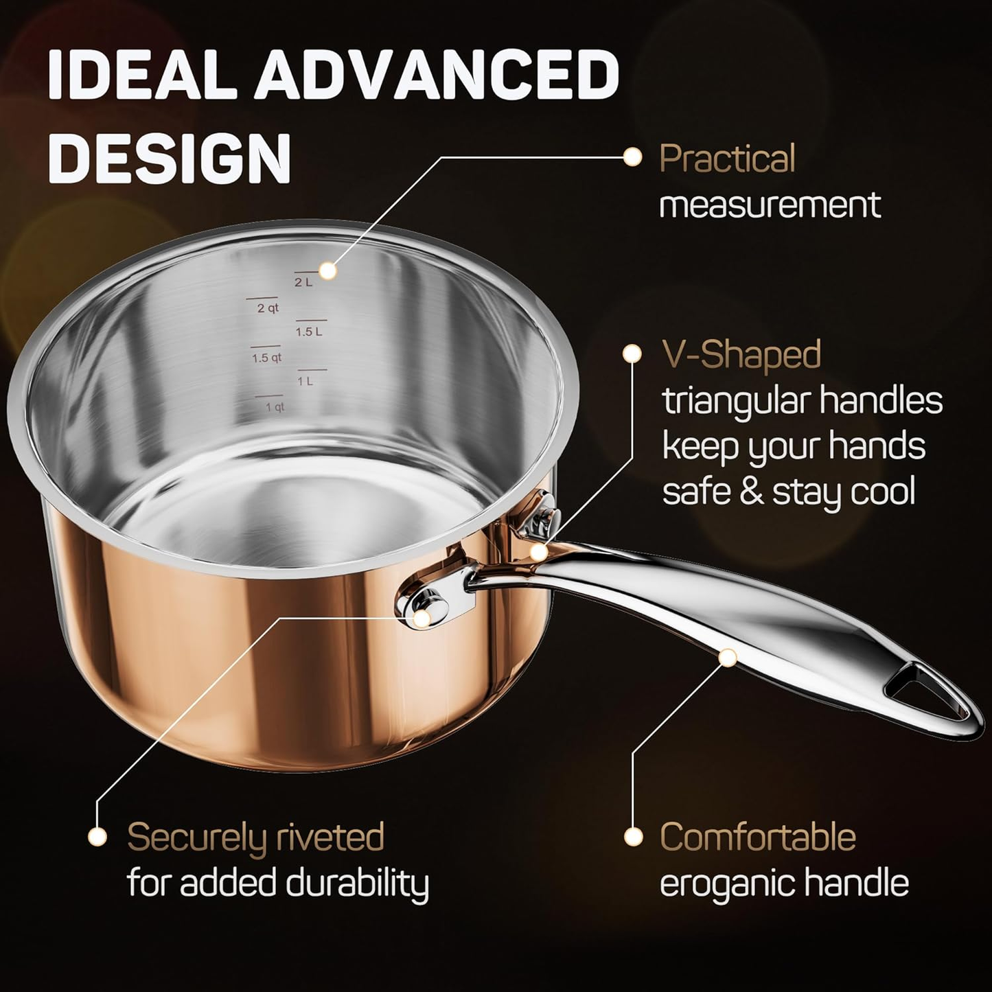 Whole Tri-Ply 18/10 Stainless Steel Cookware Set, 10 Pcs Elegant Copper Pots and Pans Set, Induction Cookware, Frying Pans, Saucepans & Stock Pot with Lid, Ideal Gift for Wedding, Housewarming