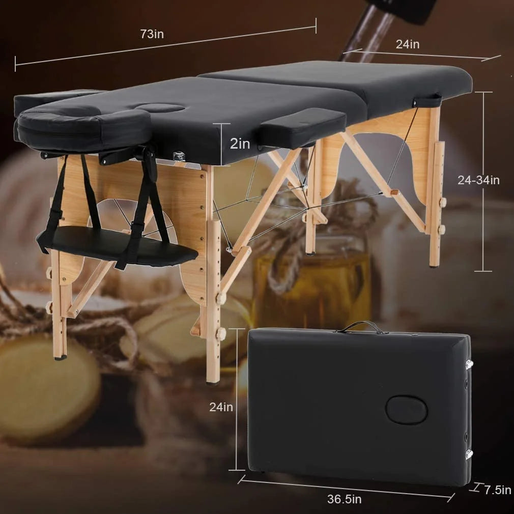 Professional Massage Table Portable Folding Massage Bed 73 Inch 2 Fold Height Adjustable Spa Bed W/Carry Case, 450 LBS, Black