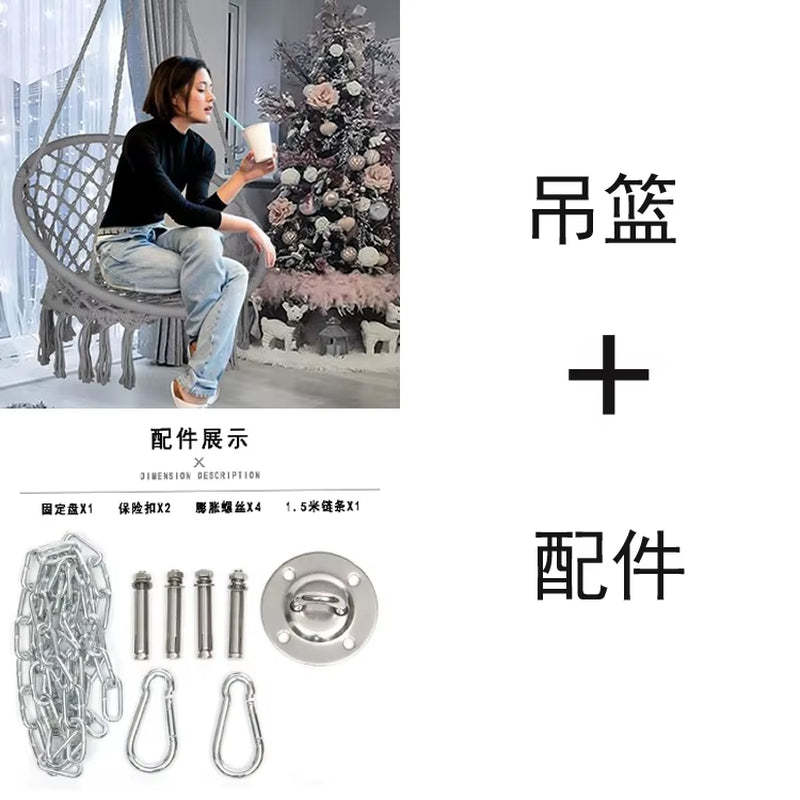 ‌Nordic Style Hanging Basket, Handmade Cotton Rope Swing Chair, Balcony Relaxation Cradle, Boho Indoor Fringe Hanging Chair