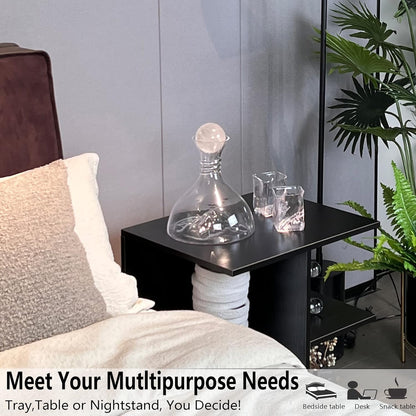 Nightstand Modern End Side Table with Open Shelf, Wood Bedside Table with Rolling Wheels, Night Printer Stand Storage Shelf, Black Finish