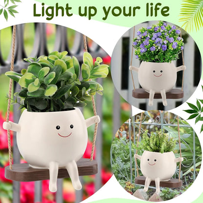 Glossy Swing Smiley Face Planter Pot Head, Small Hanging Planter for Indoor Outdoor Plants, Cute Hanging Flower Pot for String of Pearls Plant Live, Birthday Gifts