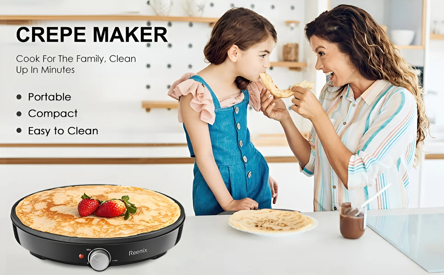 Crepe Maker Machine,  Nonstick 12” Electric Griddle, Compact Pancake Griddle Precise Temperature Control, Batter Spreader for Eggs, Pancakes, Includes Spatula, Spreader（Black）