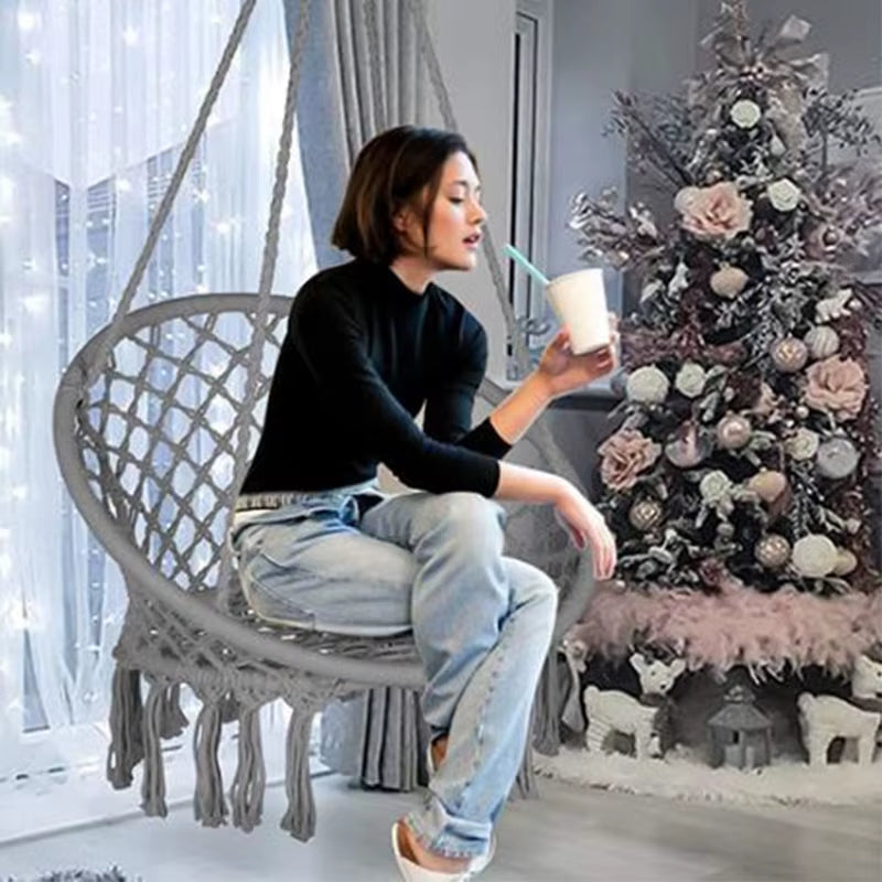 ‌Nordic Style Hanging Basket, Handmade Cotton Rope Swing Chair, Balcony Relaxation Cradle, Boho Indoor Fringe Hanging Chair