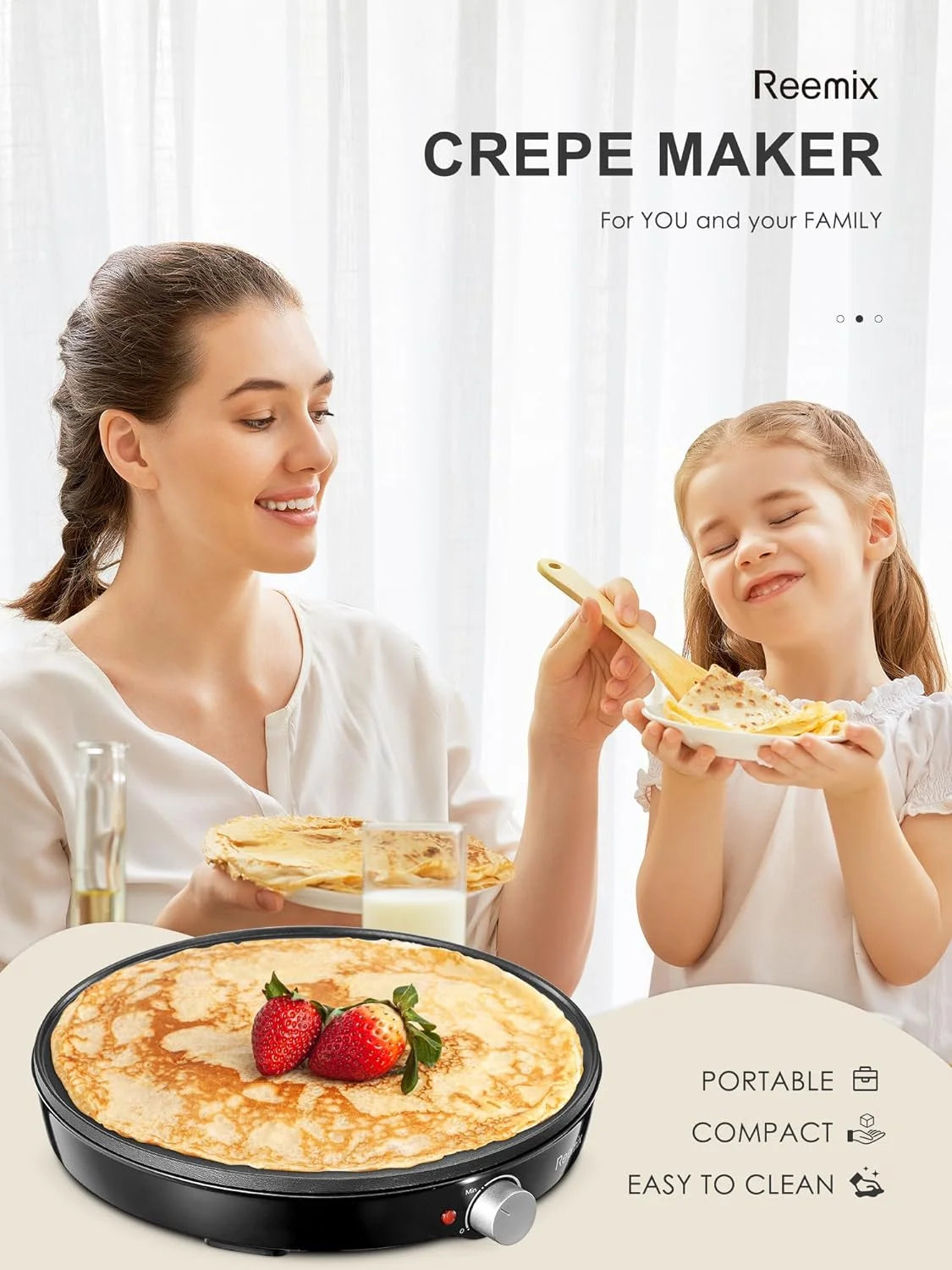Crepe Maker Machine,  Nonstick 12” Electric Griddle, Compact Pancake Griddle Precise Temperature Control, Batter Spreader for Eggs, Pancakes, Includes Spatula, Spreader（Black）