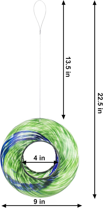 Glass Bird Feeder, New, Unique Bird Feeders for outside with Fly through Circle, Hanging for Outdoor Yard, Porch, Patio, Deck Bird Watching - 9 Inches (Green)