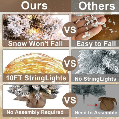 2Ft Mini Christmas Tree with Light Artificial Small Tabletop Christmas Decoration with Flocked Snow, Exquisite Decor & Xmas Ornaments for Table Top for Home & Office, Rose Gold