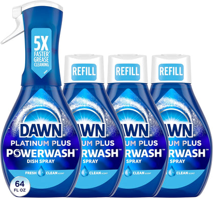 Platinum Powerwash Dish Spray, Dish Soap Liquid, Fresh Scent Bundle, 1 Spray (16Oz) + 3 Refills (16Oz Each)(Pack of 4)