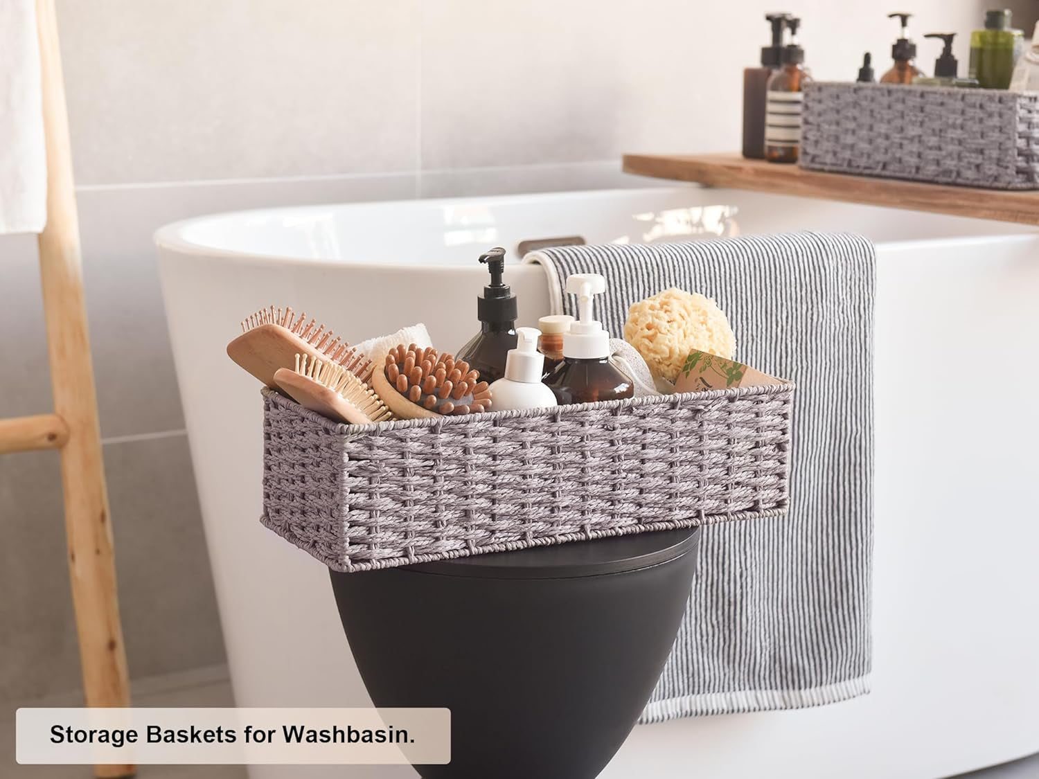round Paper Rope Toilet Tank Topper Basket, Wicker Basket for Bathroom, Gray, 2-Pack