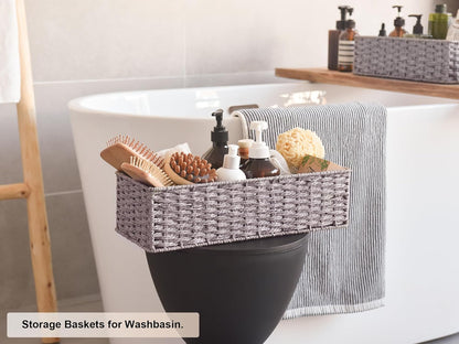 round Paper Rope Toilet Tank Topper Basket, Wicker Basket for Bathroom, Gray, 2-Pack