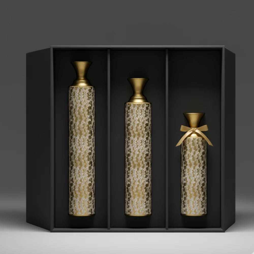 Set of 3 Gold & White Metal Floor Vases Distressed Vine Pattern Tall Decorative Cylinder Vase Set for Living Room