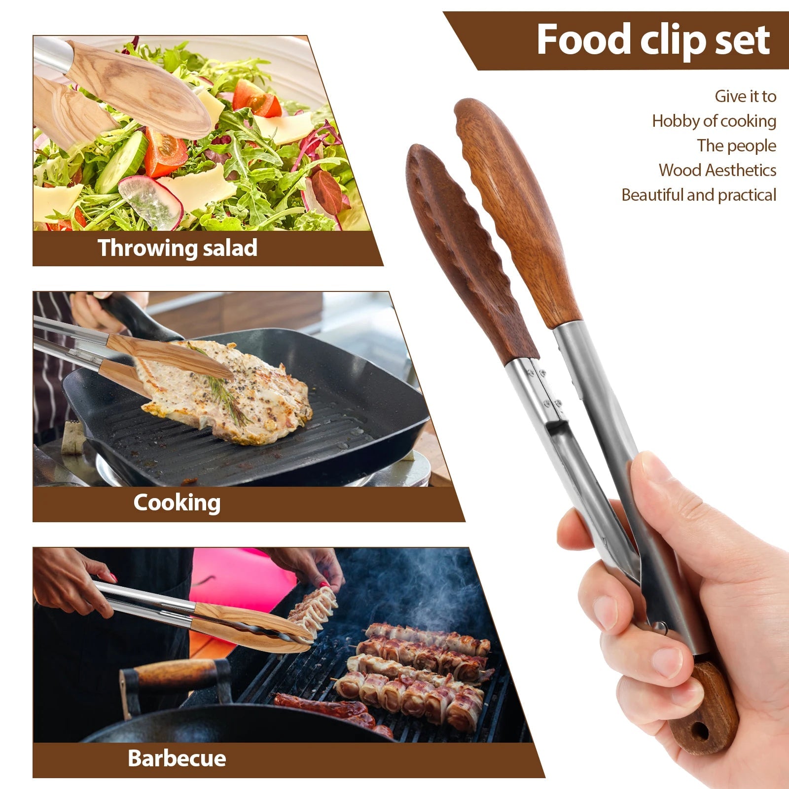2Pcs Kitchen Wooden Tongs for Cooking - Nonstick Kitchen Salad Tongs for Serving Food, Grilling, Cooking, BBQ and Tossing Salad - Made of Natural Walnut Wood
