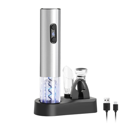 ELMWAY Electric Wine Opener Set Rechargeable Wine Bottle Opener with Base/Wine Aerator Pourer/Foil Cutter/Wine Stopper/LED Indicator Wine Corkscrew Remover Automatic Wine Opener Gift (Silver)