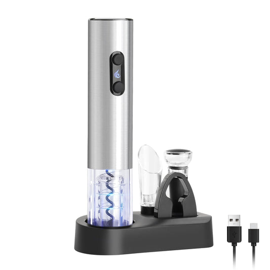 ELMWAY Electric Wine Opener Set Rechargeable Wine Bottle Opener with Base/Wine Aerator Pourer/Foil Cutter/Wine Stopper/LED Indicator Wine Corkscrew Remover Automatic Wine Opener Gift (Silver)
