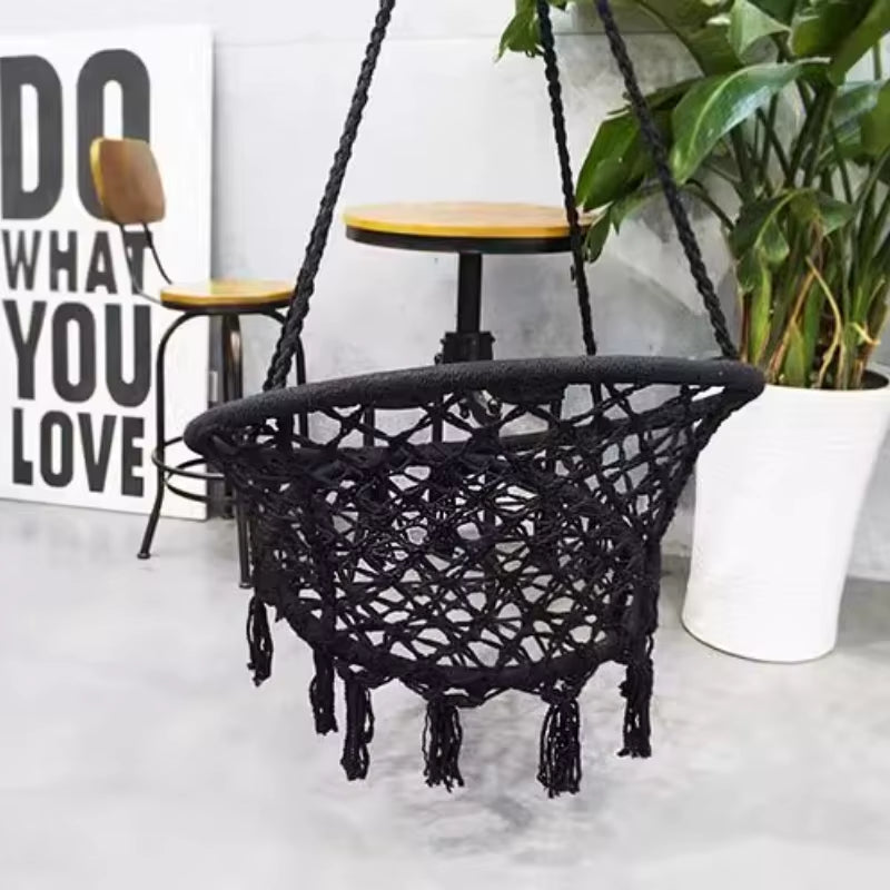 ‌Nordic Style Hanging Basket, Handmade Cotton Rope Swing Chair, Balcony Relaxation Cradle, Boho Indoor Fringe Hanging Chair