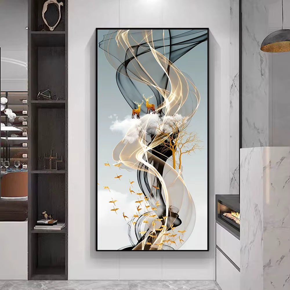 Nordic Style Golden Deer Tree Canvas Poster Prints Luxurious Wall Art Modern Canvas Paintings for Your Living Room Home Decor