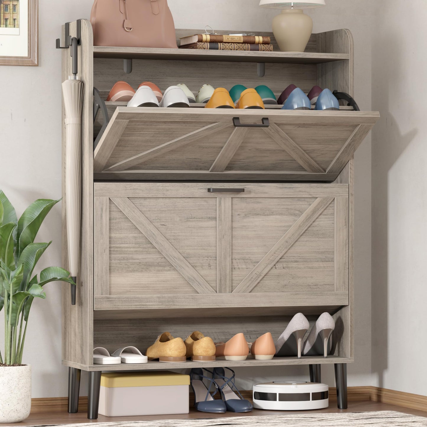 HOMEFORT Shoe Storage Cabinet for Entryway Slim Shoe Organizer with Two Flip Drawers Narrow Shoe Rack Cabinet with Wood Legs Farmhouse Hidden Shoe Cabinet for Foyer Front Door EntranceWashed Gray