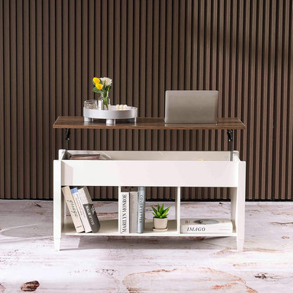 Lift Top Coffee Table with Storage Shelf W/Hidden Compartment and 3 Lower Open Shelves for Living Room,White