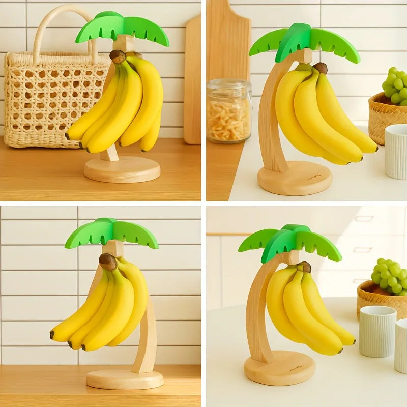 Wooden Banana Holder Stand, Rustic Wood Banana Hanger with Metal Hook for Countertop Kitchen Storage Grape Holder to Keep Fruits Fresh