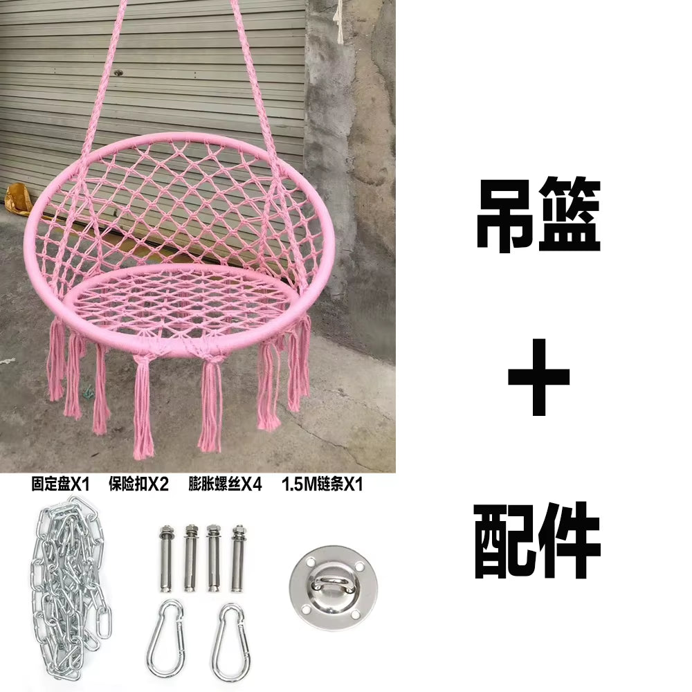 ‌Nordic Style Hanging Basket, Handmade Cotton Rope Swing Chair, Balcony Relaxation Cradle, Boho Indoor Fringe Hanging Chair