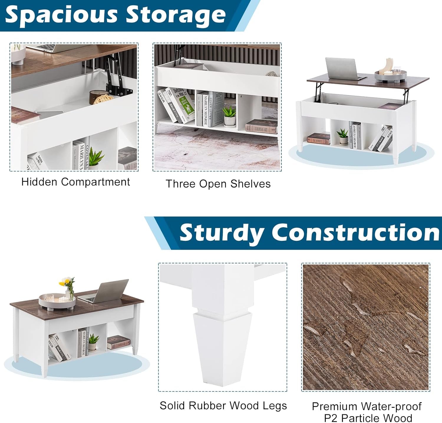 Lift Top Coffee Table with Storage Shelf W/Hidden Compartment and 3 Lower Open Shelves for Living Room,White