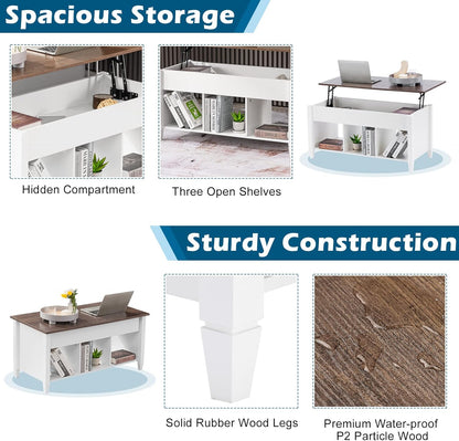 Lift Top Coffee Table with Storage Shelf W/Hidden Compartment and 3 Lower Open Shelves for Living Room,White