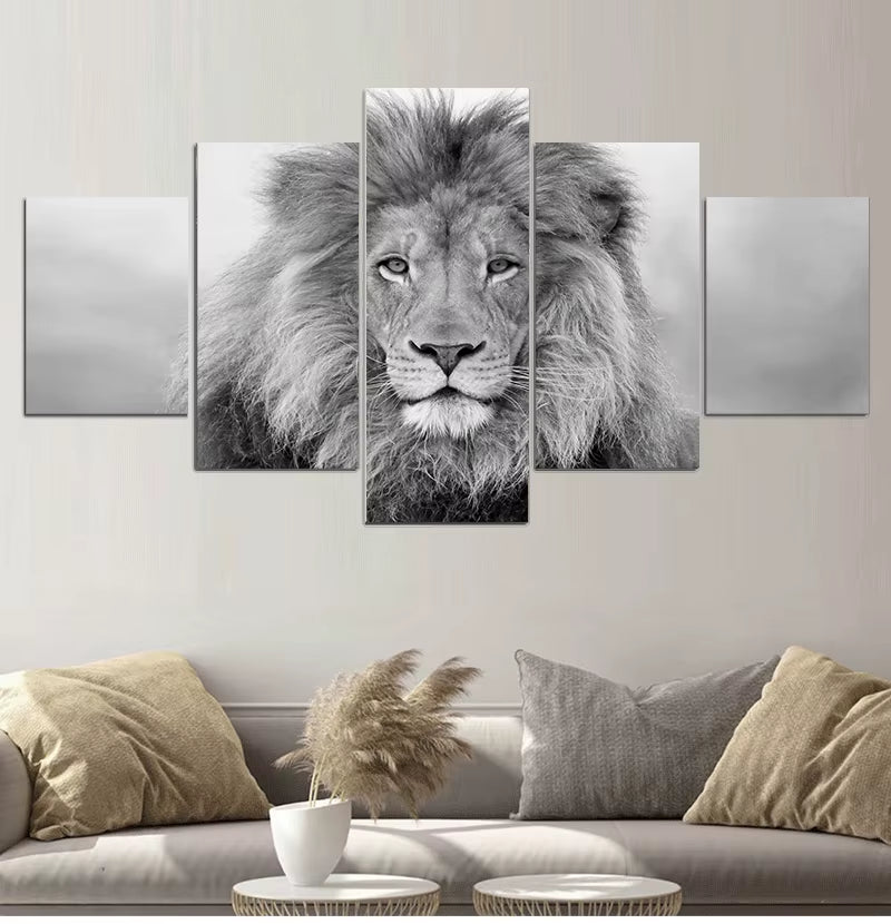 Black and White Animals Modular Canvas Pictures Art 5 Pieces Lion Poster Decor Living Room Wall HD Printing Paintings Framework