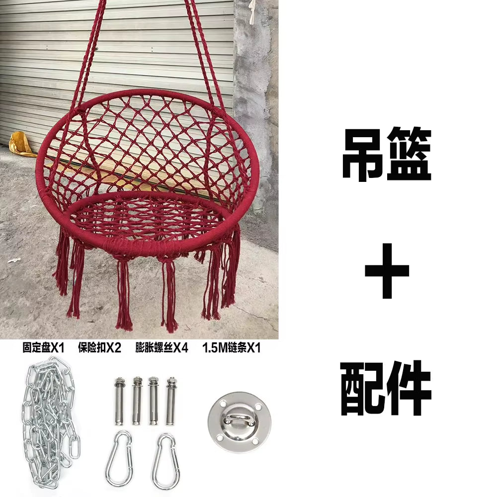 ‌Nordic Style Hanging Basket, Handmade Cotton Rope Swing Chair, Balcony Relaxation Cradle, Boho Indoor Fringe Hanging Chair