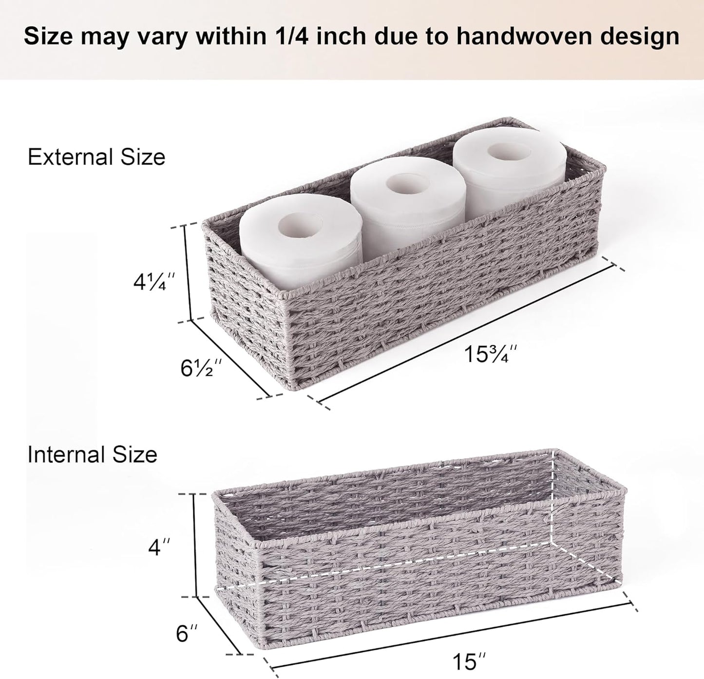 round Paper Rope Toilet Tank Topper Basket, Wicker Basket for Bathroom, Gray, 2-Pack