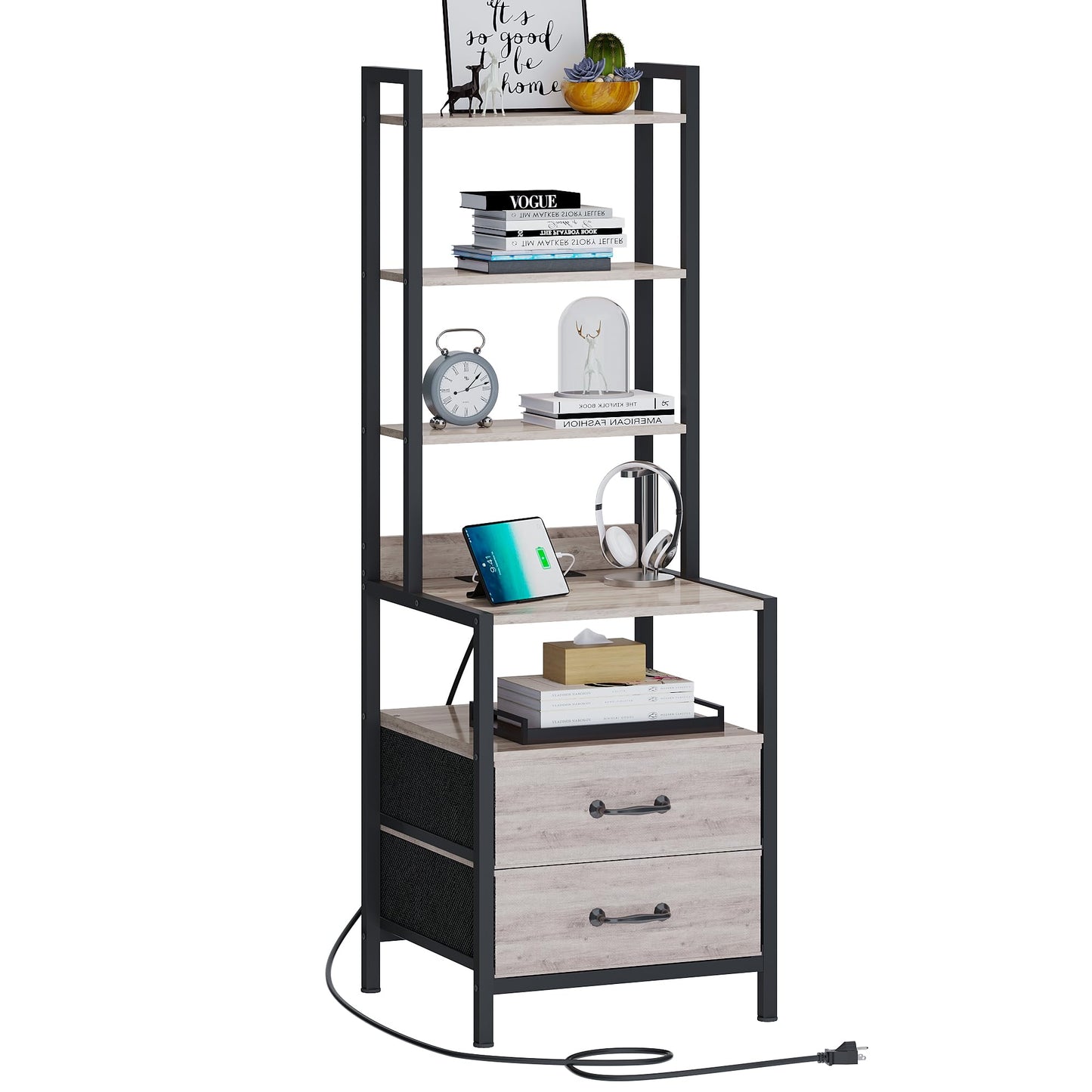 TRIFEBLE Tall Nightstand with Charging Station and Fabric Drawers 49.6" Tall Bedside Table with 5-Tier Storage Shelves Night Stand with Bookshelf End Side Table for Bedroom Greige