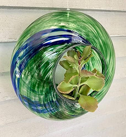 Glass Bird Feeder, New, Unique Bird Feeders for outside with Fly through Circle, Hanging for Outdoor Yard, Porch, Patio, Deck Bird Watching - 9 Inches (Green)