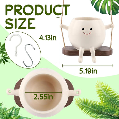 Glossy Swing Smiley Face Planter Pot Head, Small Hanging Planter for Indoor Outdoor Plants, Cute Hanging Flower Pot for String of Pearls Plant Live, Birthday Gifts