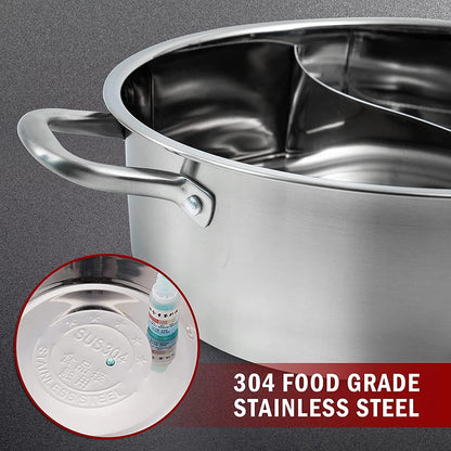 13Inch Hot Pot with Divider Lid Stainless Steel Shabu Shabu Pot for Induction Cooktop Gas Stove Kitchen Cooker, Dual Sided Soup Cookware with 2 Soup Ladles