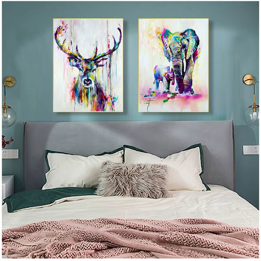 Art Prints Pop Wall Posters for Kids Room Watercolor Animals Canvas Paintings Elephant and Deer Abstract Graffiti