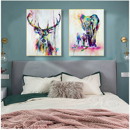 Art Prints Pop Wall Posters for Kids Room Watercolor Animals Canvas Paintings Elephant and Deer Abstract Graffiti
