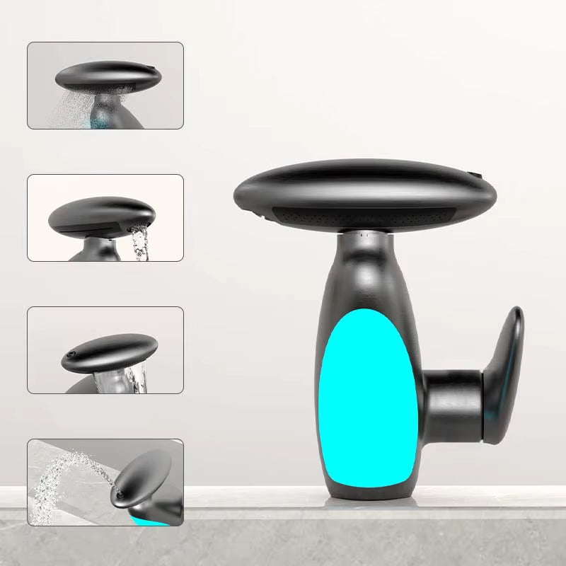 Bathroom Basin Faucet with Led Light Tap Penguin Pull-Out Basin Deck Mounted Sink Mixers 3 Colors Change Rotate the Upper Spray