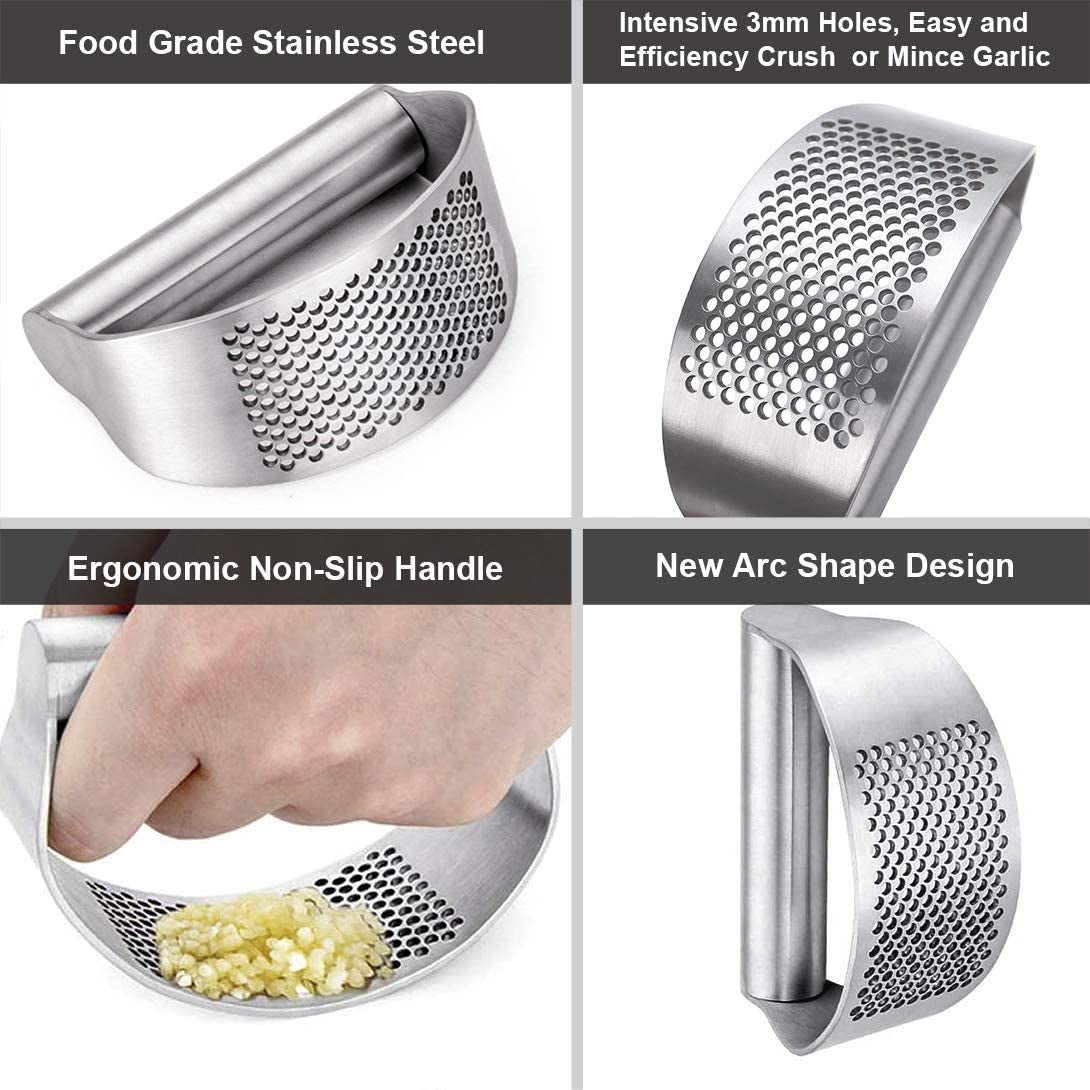 Garlic Press Rocker, Stainless Steel Garlic Mincer Garlic Crusher, Garlic Chooper with Peeler and Scraper Brush, Garlic Press with Ergonomic Handle, Innovative Kitchen Gadgets