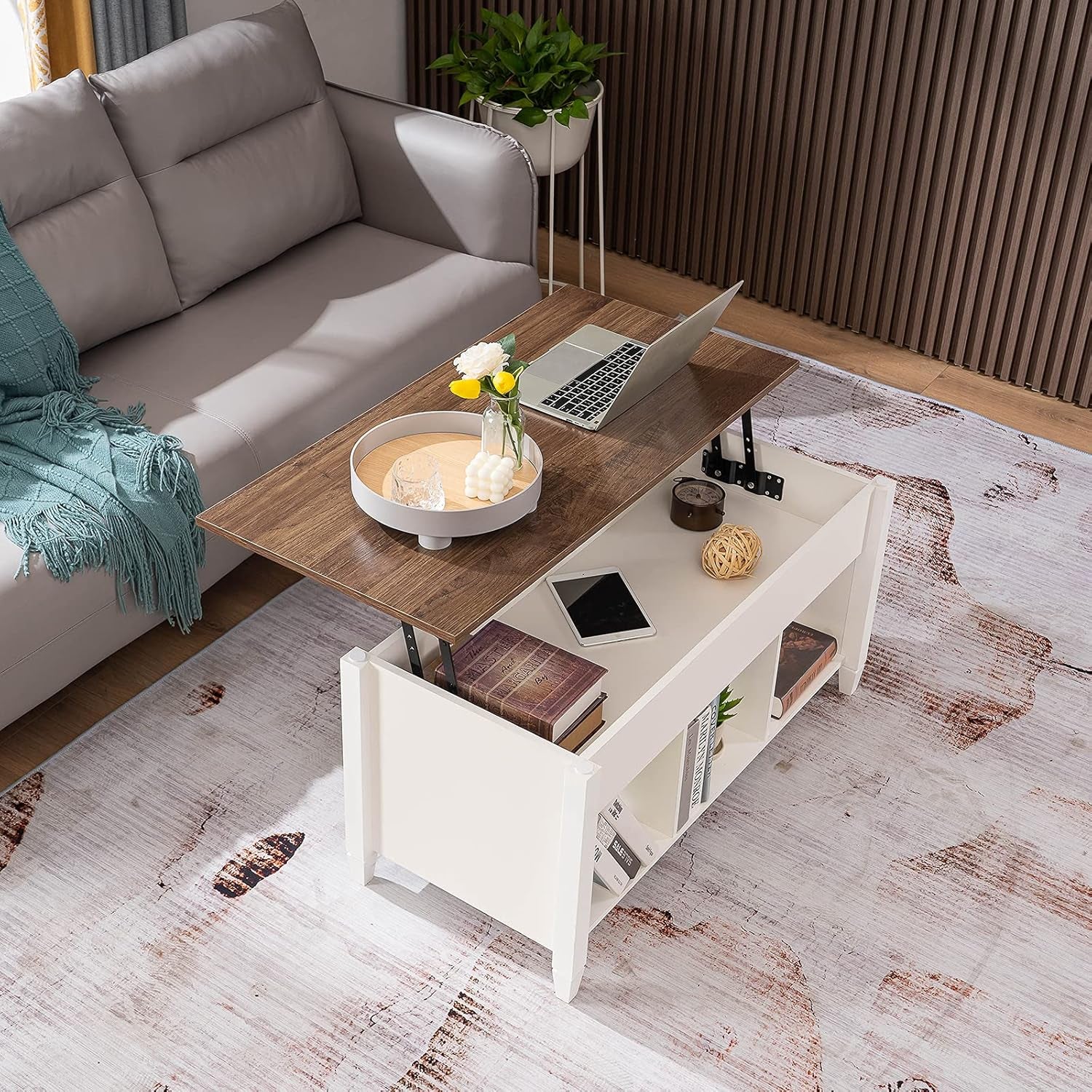 Lift Top Coffee Table with Storage Shelf W/Hidden Compartment and 3 Lower Open Shelves for Living Room,White