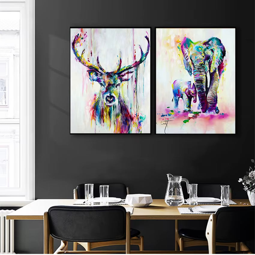 Art Prints Pop Wall Posters for Kids Room Watercolor Animals Canvas Paintings Elephant and Deer Abstract Graffiti