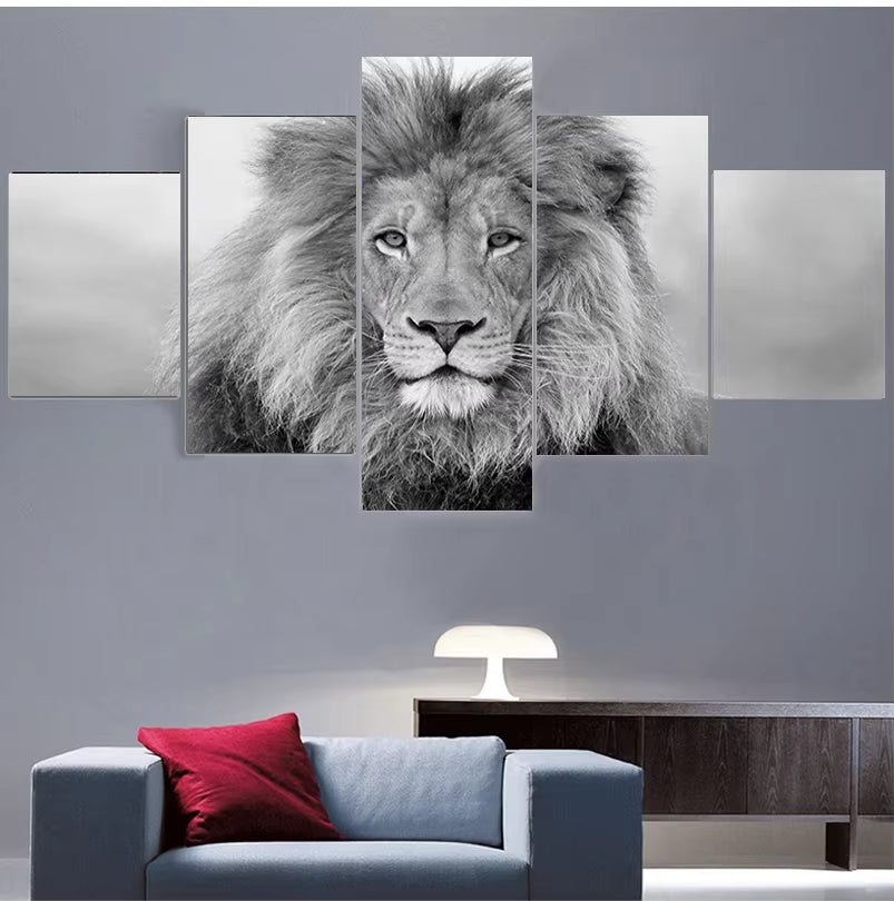 Black and White Animals Modular Canvas Pictures Art 5 Pieces Lion Poster Decor Living Room Wall HD Printing Paintings Framework